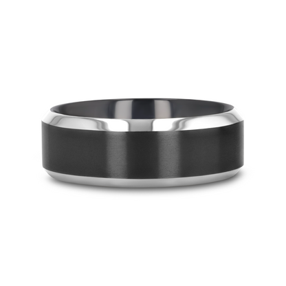 ATNOS Brushed Black Center Polished Beveled Edges Men's Titanium Wedding Ring - 6mm & 8mm