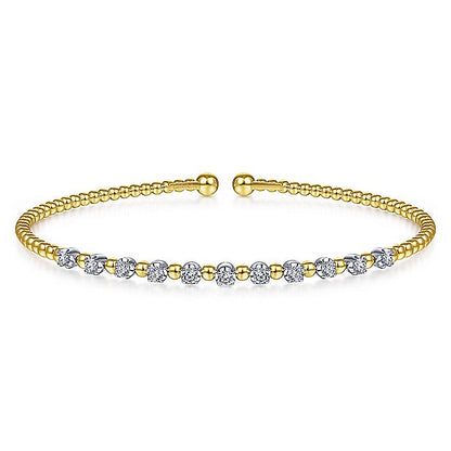 Gabriel & Co. BG4279-62M45JJ 14K Yellow Gold Bujukan Split Cuff Bracelet with Round White Gold Diamond Stations in size 6.25