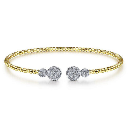 Gabriel & Co. BG4342-62M45JJ 14K White & Yellow Gold Bujukan Bead Split Cuff with Round Diamond Pavé Caps