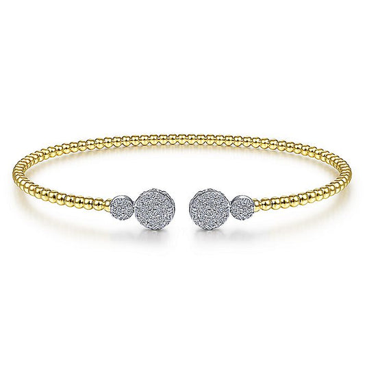 Gabriel & Co. BG4342-62M45JJ 14K White & Yellow Gold Bujukan Bead Split Cuff with Round Diamond Pavé Caps