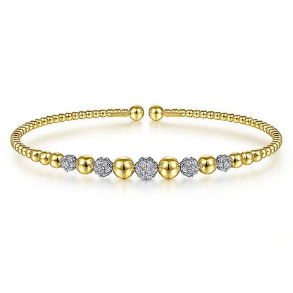 Gabriel & Co. BG4362-62M45JJ 14K Yellow-White Gold Bujukan Cuff Bracelet with Pave Diamond Stations in size 6.25