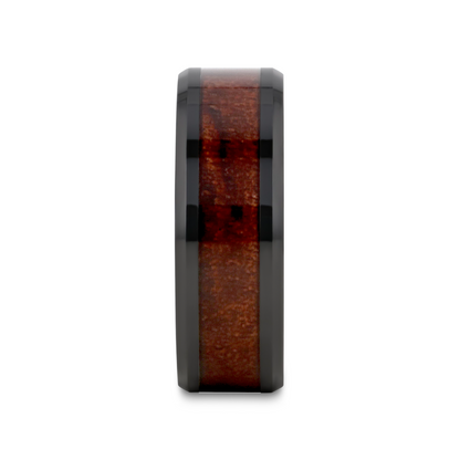 BENNY Black Ceramic Polished Beveled Edges Men's Wedding Band with Bubinga Wood Inlay - 8mm