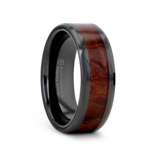 BENNY Black Ceramic Polished Beveled Edges Men's Wedding Band with Bubinga Wood Inlay - 8mm