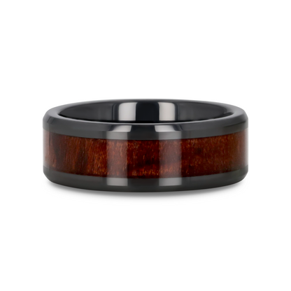 BENNY Black Ceramic Polished Beveled Edges Men's Wedding Band with Bubinga Wood Inlay - 8mm