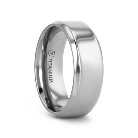CORONAL Men's Polished Finish Beveled Edges Titanium Wedding Ring with Raised Center - 6mm & 8mm