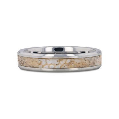 MESOZOIC Men's Tungsten Flat Beveled Wedding Ring with White Dinosaur Bone Inlay - 4mm
