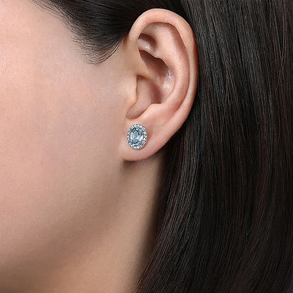 Gabriel & Co. EG11601W45AQ 14K White Gold Oval Halo Aquamarine and Diamond Stud Earrings