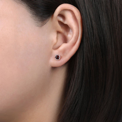 14K Rose Gold Diamond Halo Garnet Stud Earrings