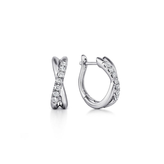 14K White Gold Twisted 15mm Diamond Huggie Earrings