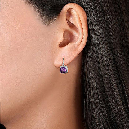 Gabriel & Co. EG13953W45AM 14K White Gold Cushion Cut Amethyst and Diamond Halo Drop Earrings