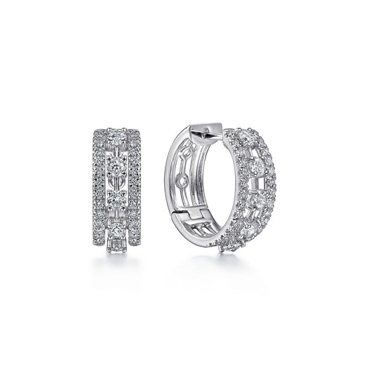 Wide 14K White Gold 15mm 3 Row Diamond Huggie Earrings