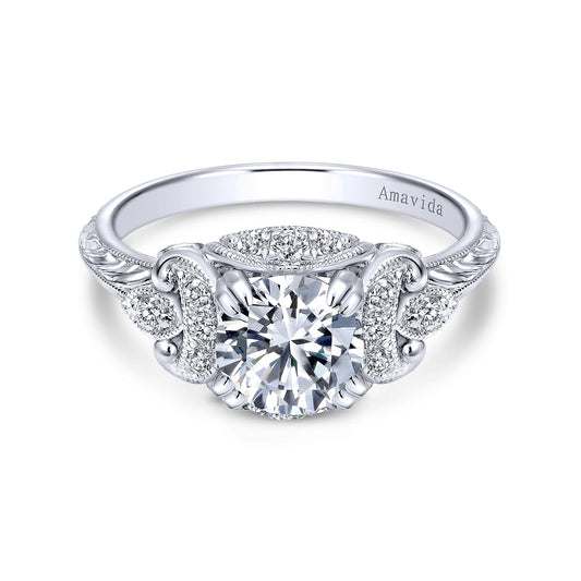 Unique 18K White Gold Vintage Inspired Diamond Halo Engagement Ring
