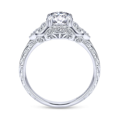 Unique 18K White Gold Vintage Inspired Diamond Halo Engagement Ring