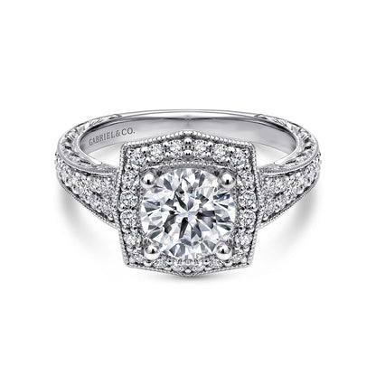 Vintage Inspired 14K White Gold Round Halo Diamond Engagement Ring