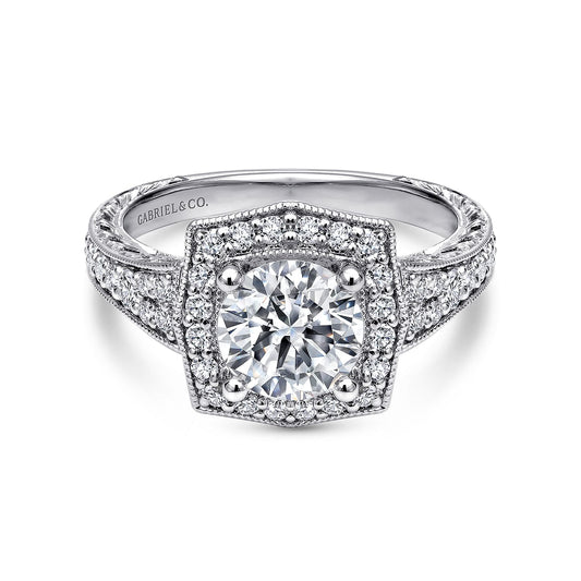 Vintage Inspired 14K White Gold Round Halo Diamond Engagement Ring