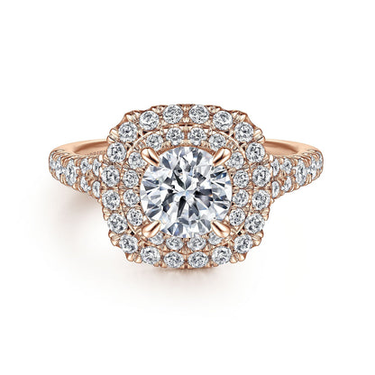 14k Rose Gold Cushion Double Halo Round Diamond Engagement Ring