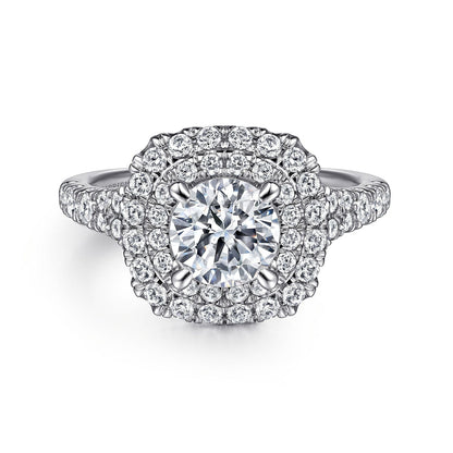 Platinum Cushion Double Halo Round Diamond Engagement Ring