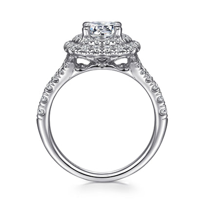 Platinum Cushion Double Halo Round Diamond Engagement Ring