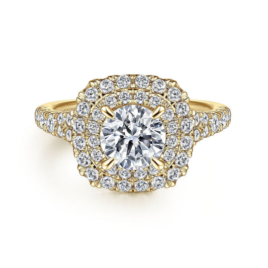 14k Yellow Gold Cushion Double Halo Round Diamond Engagement Ring