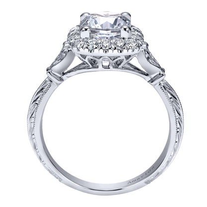 Vintage Inspired 18K White Gold Round Halo Diamond Engagement Ring