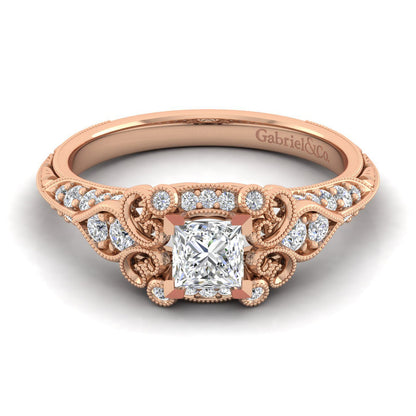 Unique 14K Rose Gold Vintage Inspired Princess Cut Diamond Halo Engagement Ring