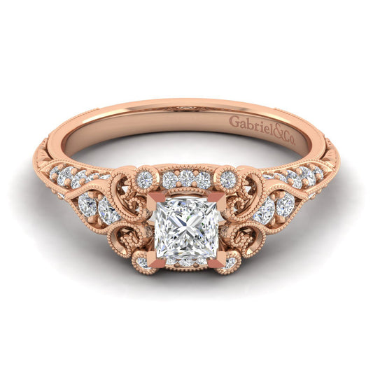 Unique 14K Rose Gold Vintage Inspired Princess Cut Diamond Halo Engagement Ring