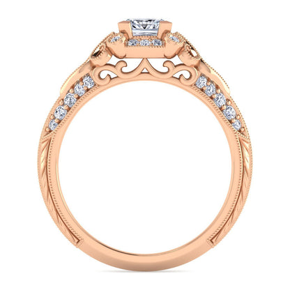 Unique 14K Rose Gold Vintage Inspired Princess Cut Diamond Halo Engagement Ring