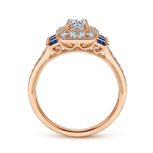 Vintage Inspired 14K Rose Gold Round Halo Diamond and Sapphire Channel Set Engagement Ring