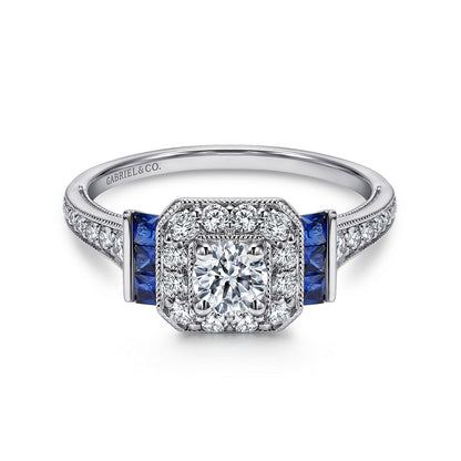 Vintage Inspired Platinum Round Halo Sapphire and Diamond Channel Set Engagement Ring