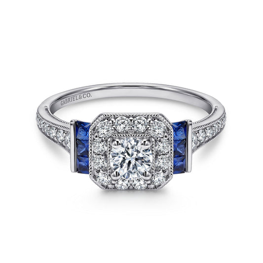 Vintage Inspired Platinum Round Halo Sapphire and Diamond Channel Set Engagement Ring