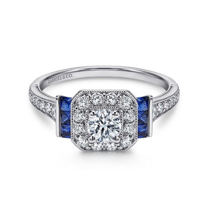 Vintage Inspired 14K White Gold Round Halo Sapphire and Diamond Channel Set Engagement Ring