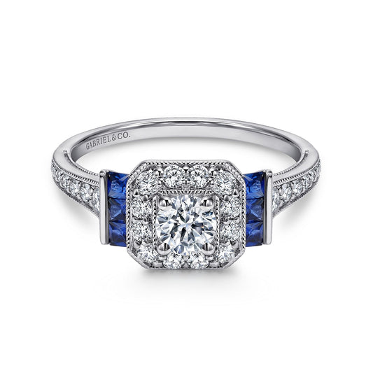 Vintage Inspired 14K White Gold Round Halo Sapphire and Diamond Channel Set Engagement Ring