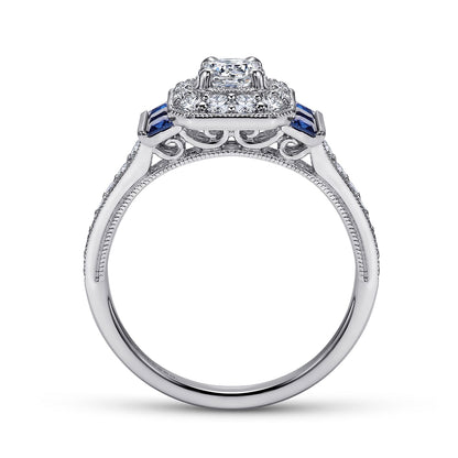 Vintage Inspired 14K White Gold Round Halo Sapphire and Diamond Channel Set Engagement Ring