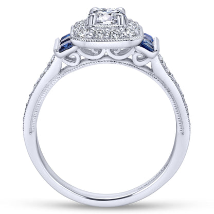 Vintage Inspired 18K White Gold Round Halo Sapphire and Halo Diamond Channel Set Engagement Ring