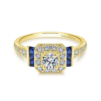 14K Yellow Gold Round Halo Sapphire and Diamond Channel Set Engagement Ring
