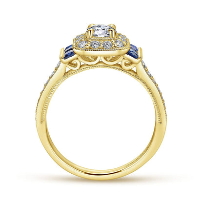 14K Yellow Gold Round Halo Sapphire and Diamond Channel Set Engagement Ring