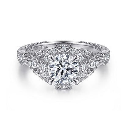 Unique 14K White Gold Vintage Inspired Diamond Halo Engagement Ring