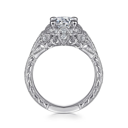 Unique 14K White Gold Vintage Inspired Diamond Halo Engagement Ring