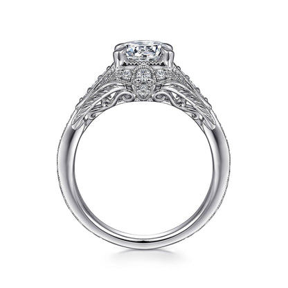 Unique 14K White Gold Vintage Inspired Diamond Halo Engagement Ring