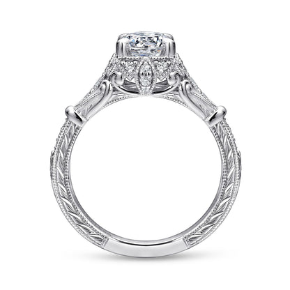 Unique 14K White Gold Vintage Inspired Halo Diamond Engagement Ring