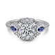 Vintage Inspired Platinum Round Three Stone Halo Sapphire and Diamond Engagement Ring