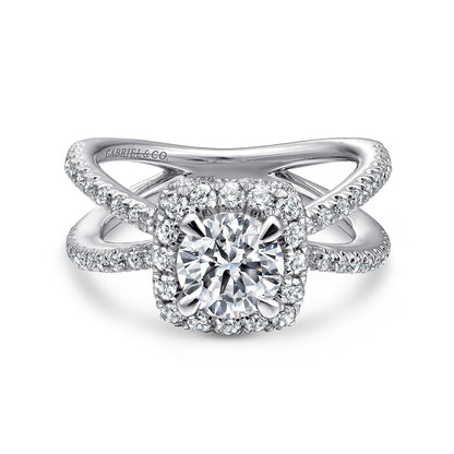 14K White Gold Cushion Halo Round Diamond Engagement Ring