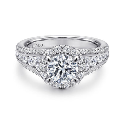 14K White Gold Round Halo Diamond Channel Set Engagement Ring