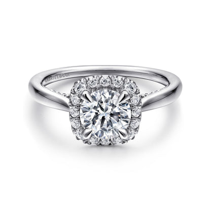 14K White Gold Cushion Halo Round Diamond Engagement Ring