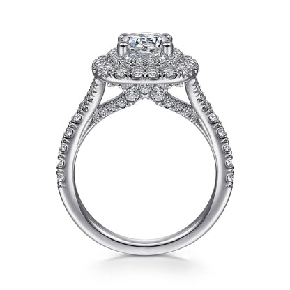 14K White Gold Cushion Double Halo Round Diamond Engagement Ring