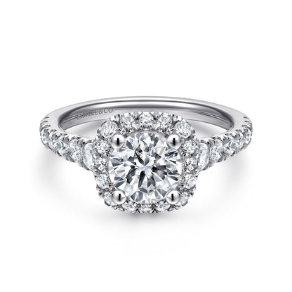 14K White Gold Cushion Halo Round Diamond Engagement Ring