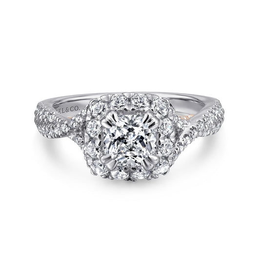 14K White-Rose Gold Cushion Halo Diamond Engagement Ring