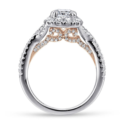 14K White-Rose Gold Cushion Halo Diamond Engagement Ring