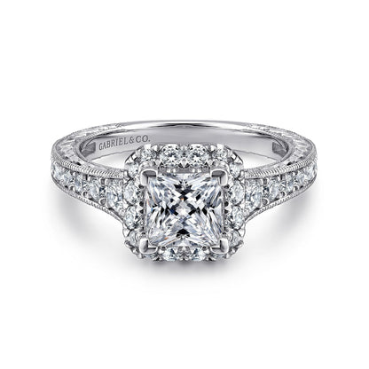 14K White-Rose Gold Princess Halo Diamond Engagement Ring