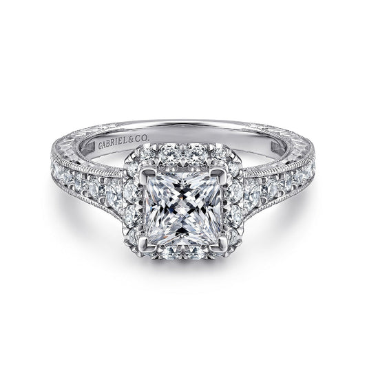 14K White-Rose Gold Princess Halo Diamond Engagement Ring